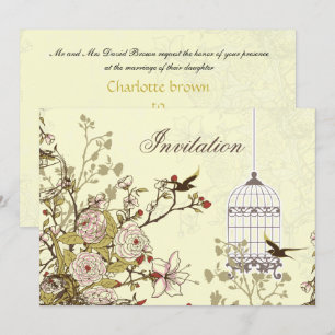 cage d'oiseau jaune fleuri, invitations inséparabl