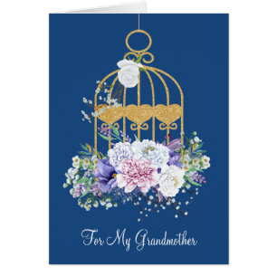 Cage d'oiseaux floraux Grandmère Carte de fête des