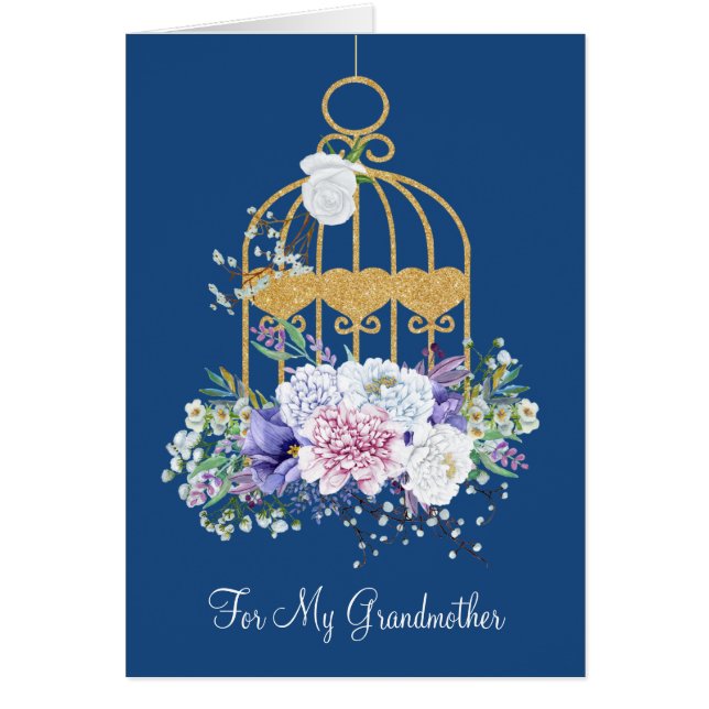 Cage d'oiseaux floraux Grandmère Carte de fête des (Devant)