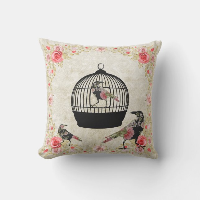 Cage vintage d'oiseaux et oreiller à Roses floraux (Recto)