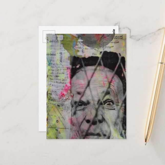 caged man retro junk journal Mixed Media Collage Postkarte (Vorderseite/Rückseite Beispiel)