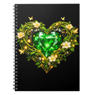 Cahier à spirale de luxe au cœur vert émeraude élé