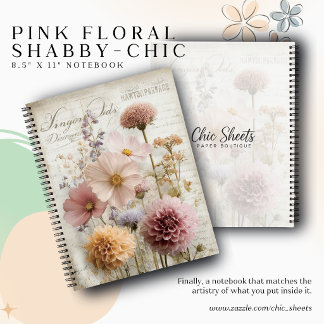 Cahier à spirale floral rose shabby-chic 21,59 cm