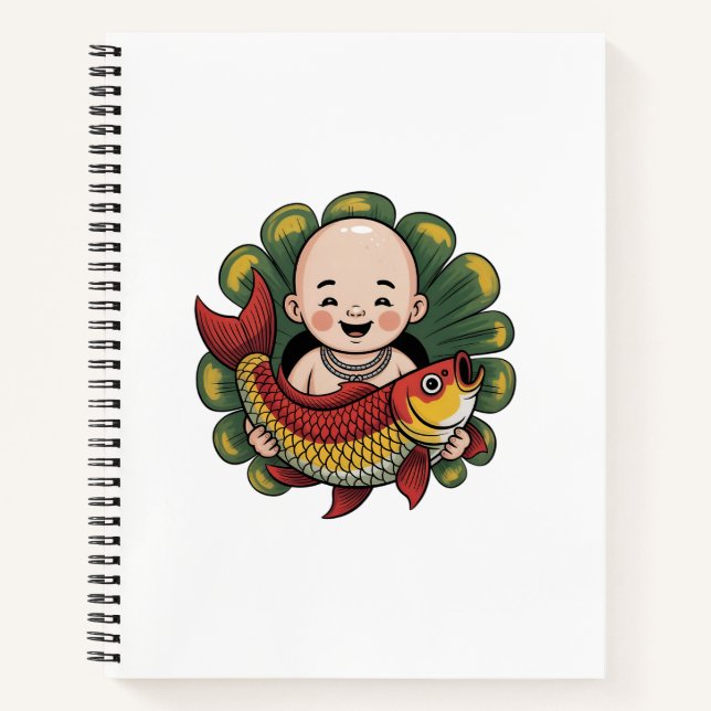Cahier à spirale |  Garçon mignon avec carpe koï c (Devant)