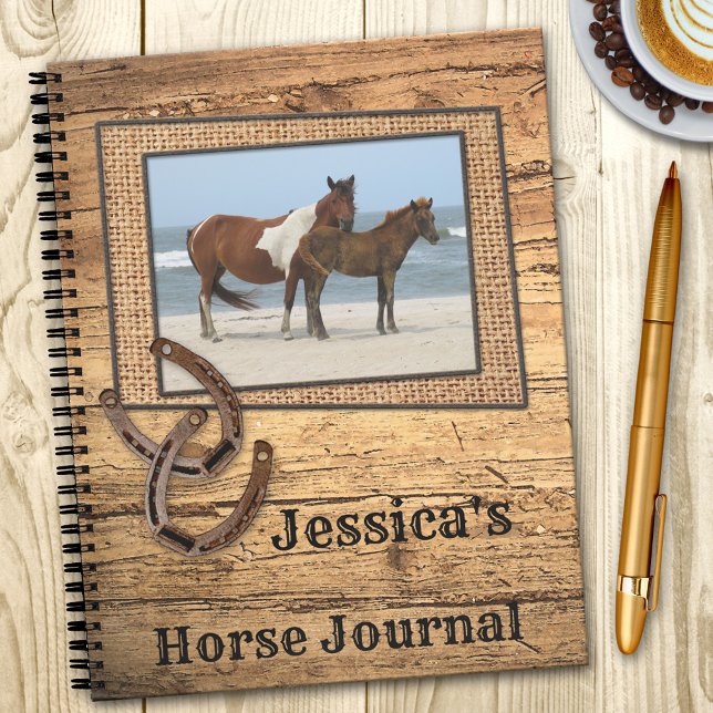 Cahier à spirale Votre Photo Cheval ( notebook featuring your own photo of your favorite horse(s) (optional) on a rustic wood background )