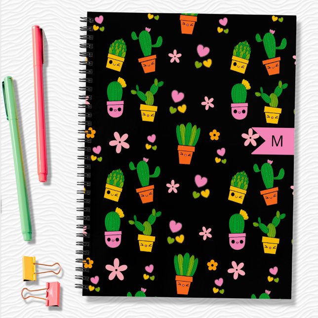 Cahier à spirales noir monogrammé Kawaii Cactus (Créateur téléchargé)