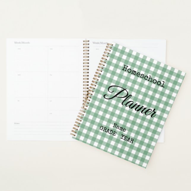 Cahier de planification spirale Gingham vert pour  (Devant avec enveloppe)