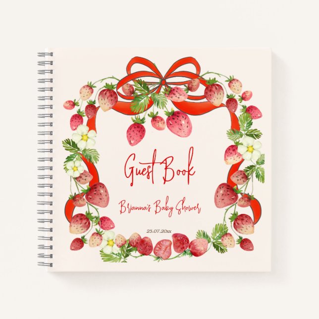 Cahier d'invité du baby shower à ruban aux fraises (Devant)