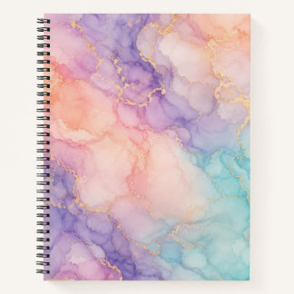 Cahier en marbre rose pastel, bleu, violet et or