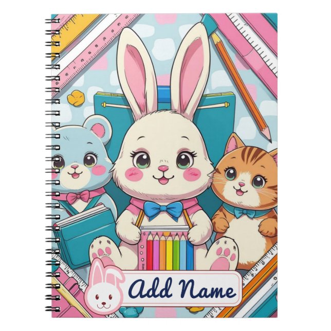 Cahier joli lapin & chat – Nom personnalisable (Devant)