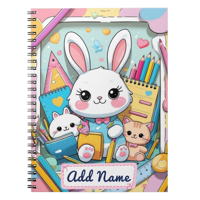 Cahier Lapin Mignon & Chats – Nom Éditable (Devant)