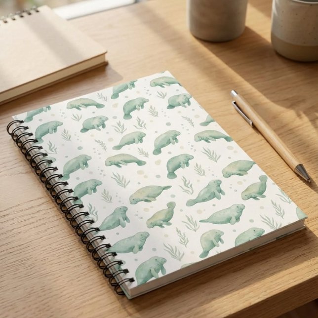 Cahier Manatee Aquarelle (watercolor spiral notebook with manatee pattern on wooden desk)