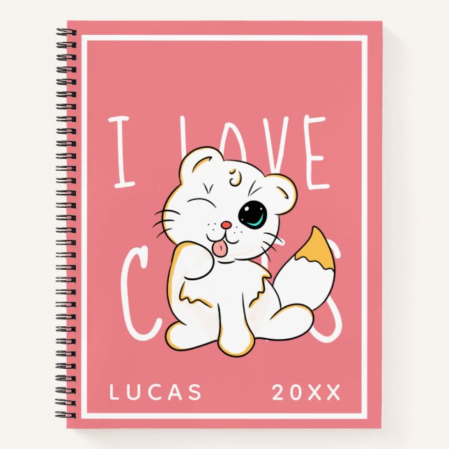 Cahier Modèle de Nom Mignon J'adore les Chats (Devant)