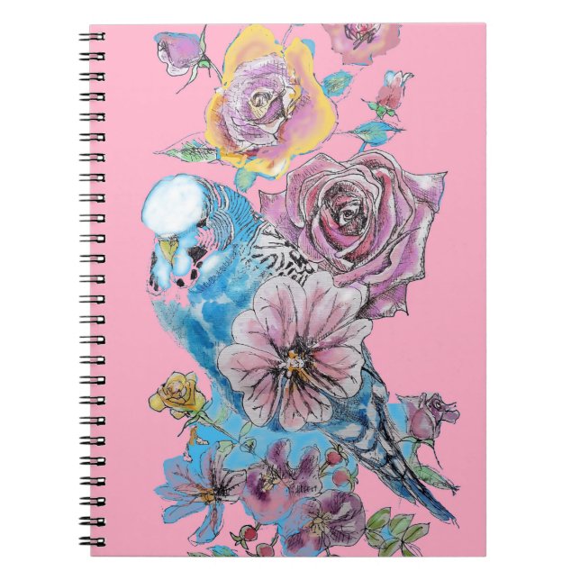 Cahier Oiseau Roseau Bleu Aquarelle Rose Oiseau (Devant)