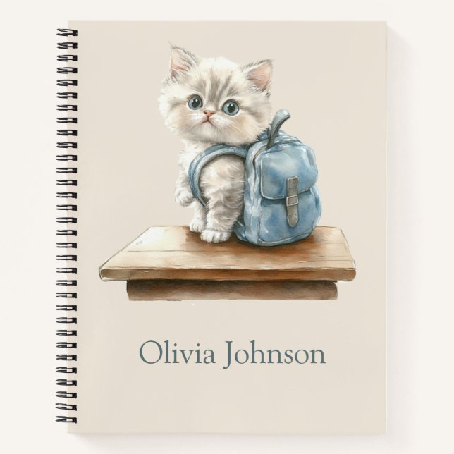 Cahier personnalisé avec chaton mignon et sac à do (Devant)