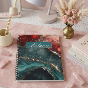 Cahier personnalisé cristal rouge sarcelle doré