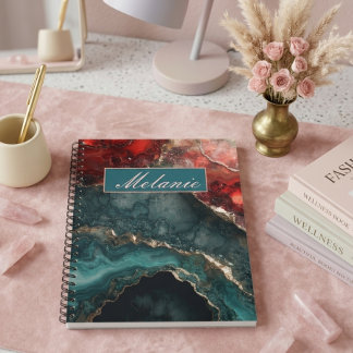 Cahier personnalisé cristal rouge sarcelle doré