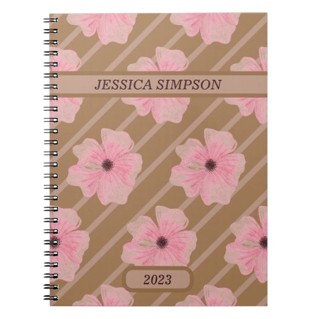 Cahier personnalisé Fleurs roses et rayures (Devant)