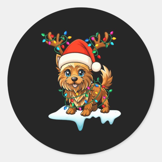 Cairn Terrier Christmas Santa Hat Reindeer Lights  Runder Aufkleber (Vorderseite)