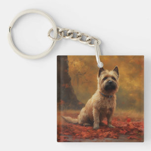 Cairn Terrier dans les feuilles d'automne qui tomb