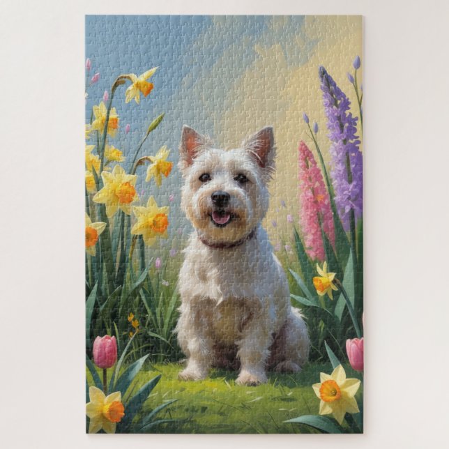 Cairn Terrier Dog Frühlingsblumen Malerei (Vertikal)