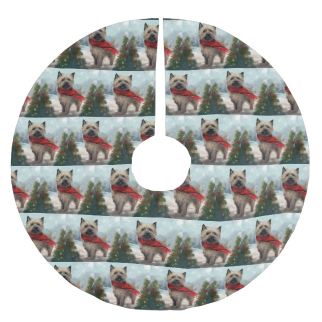 Cairn Terrier Dog im Schnee Weihnachten Polyester Weihnachtsbaumdecke (Vorderseite)