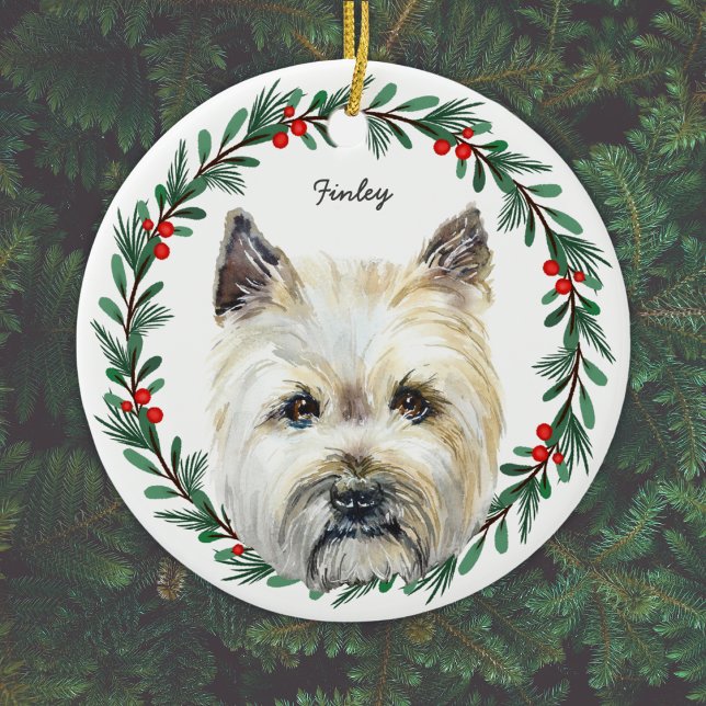 Cairn Terrier Dog Monogram Name Holiday Wreath Keramik Ornament (Add name, or other short text, or delete text if not required.)