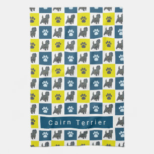 Cairn Terrier Dog & Paw Yellow & Blue Grid Geschirrtuch