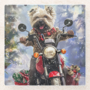 Cairn Terrier Dog Riding Motorrad Weihnachten Glasuntersetzer