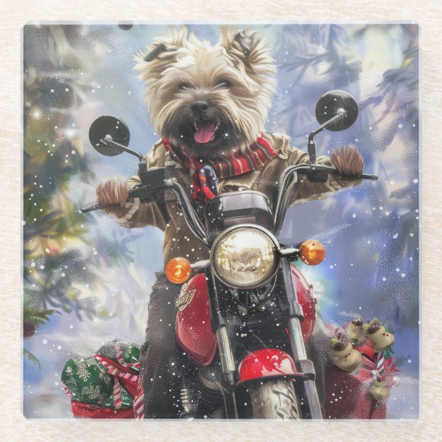 Cairn Terrier Dog Riding Motorrad Weihnachten Glasuntersetzer (Vorderseite)