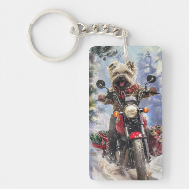 Cairn Terrier Dog Riding Motorrad Weihnachten Schlüsselanhänger (Vorderseite)