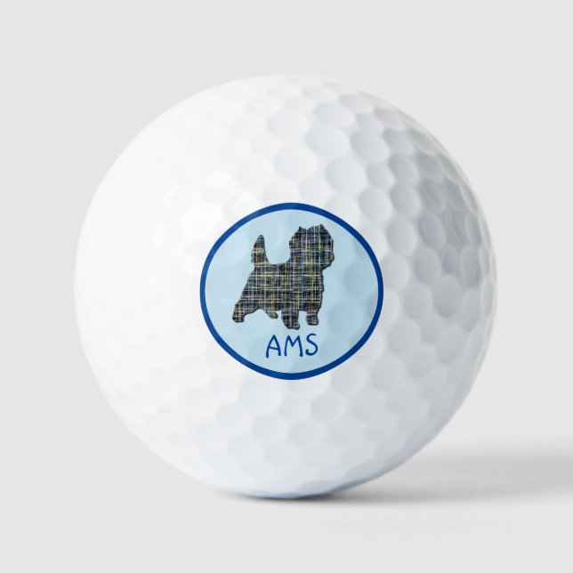 Cairn Terrier Dog Silhouette Monogram Grid Blue Golfball (Vorderseite)