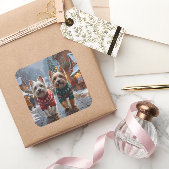Cairn Terrier Dogs Christmas Snow Holiday  Quadratischer Aufkleber (Schenken)