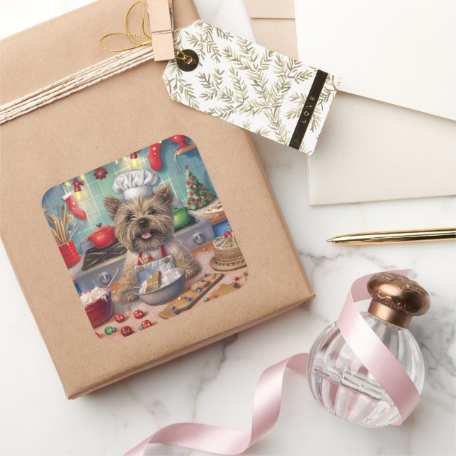 Cairn Terrier Holiday Baking: Feierliche Weihnacht Quadratischer Aufkleber (Schenken)