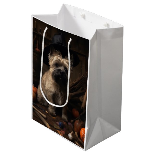 Cairn Terrier Pumpkins Halloween Beängstigend Mittlere Geschenktüte (Vorderseite Schrägansicht)