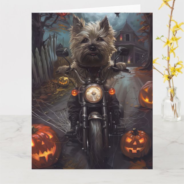 Cairn Terrier Riding Motorrad Halloween Beängstige Karte (Gelbe Blume)