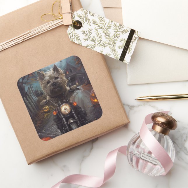 Cairn Terrier Riding Motorrad Halloween Beängstige Quadratischer Aufkleber (Schenken)
