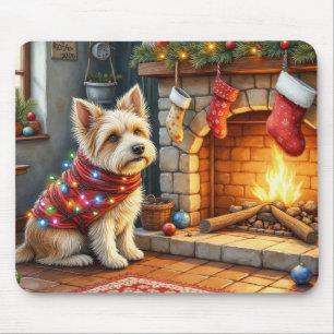 Cairn Terrier sitzt vor dem Kamin mit Weihnachtsbe Mousepad