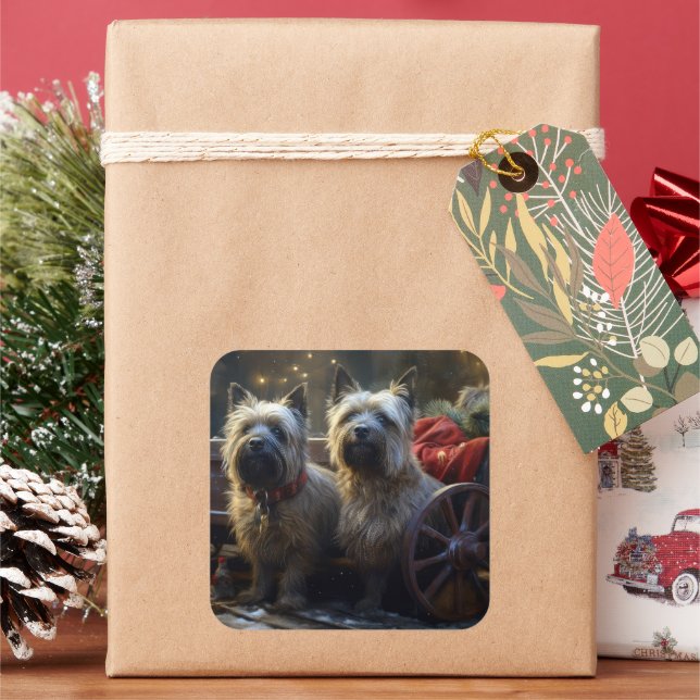 Cairn Terrier Snowy Sleigh Weihnachtsdekor Quadratischer Aufkleber (Feiertag)
