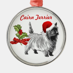 Cairn Terrier w/Santa Cap Holly Christmas Ornament Aus Metall