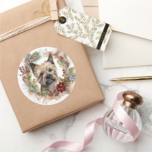 Cairn Terrier Weihnachtskranz Festlicher Hund Runder Aufkleber