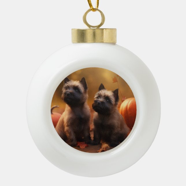 Cairn Terrier Welpe Herbst Kürbis Keramik Kugel-Ornament (Vorderseite)
