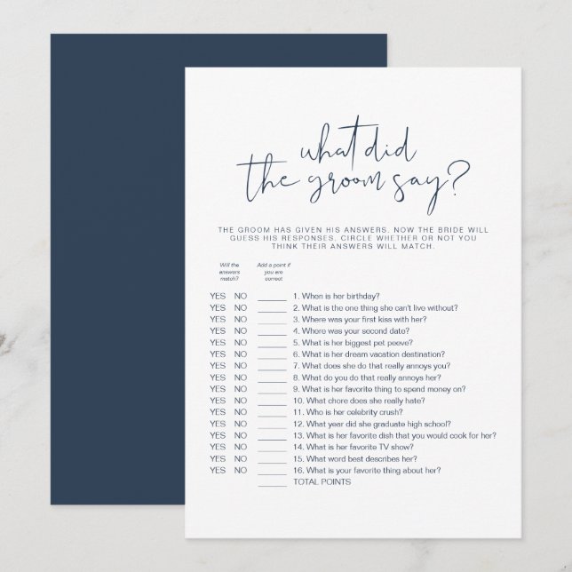 CAITLIN Minimal, was der Groom sagte, Bridal Game Einladung (Vorne/Hinten)