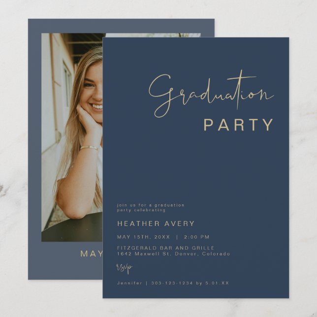 CAITLIN Modern Navy Blue Graduation Party Einladun Einladung (Vorne/Hinten)