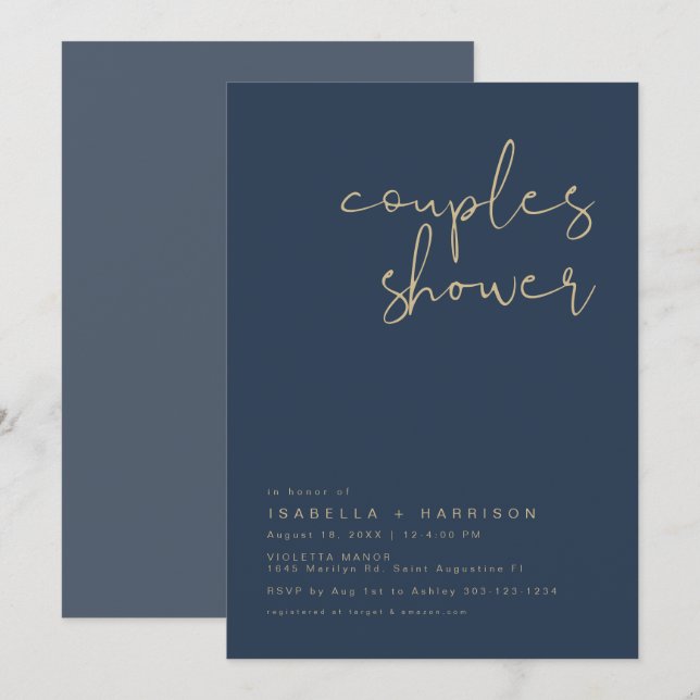 CAITLIN Moderne Navy Blue und Gold Couples Dusche Einladung (Vorne/Hinten)