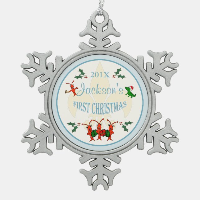 Cajun Baby-erstes Weihnachtsandenken Schneeflocken Zinn-Ornament (Vorderseite)