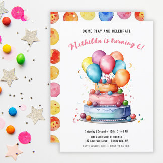 Cake Balloons Rainbow Girls Geburtstagsparty Einladung