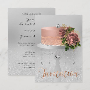 Cake Blume Rose Gold Kristalle Silbergrauer Glitze Einladung