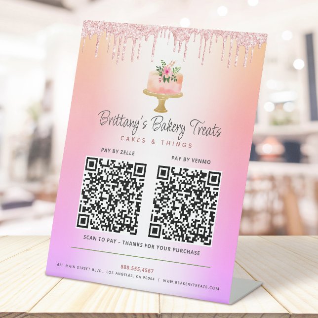 Cake Blush Pink 2 QR Code Bezahlung Hier Glitzer O Sockelschild (Von Creator hochgeladen)