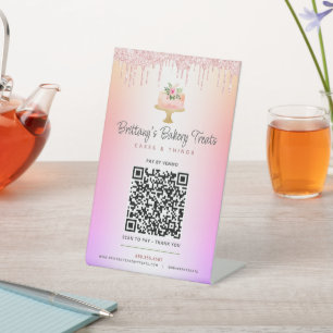 Cake Blush Pink QR Code Bezahlung Hier Glitzer Omb Sockelschild